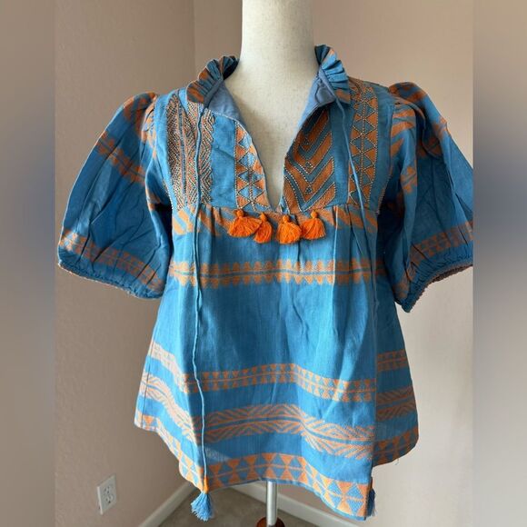 Just Bellina Tops - NWT Just Bellina cotton embroidered and beaded tassel top. Vacation style top S